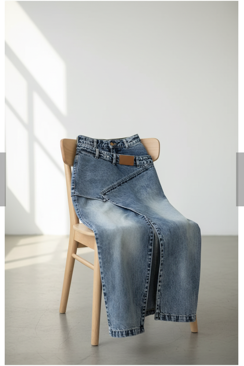 Falda denim maxi en silla