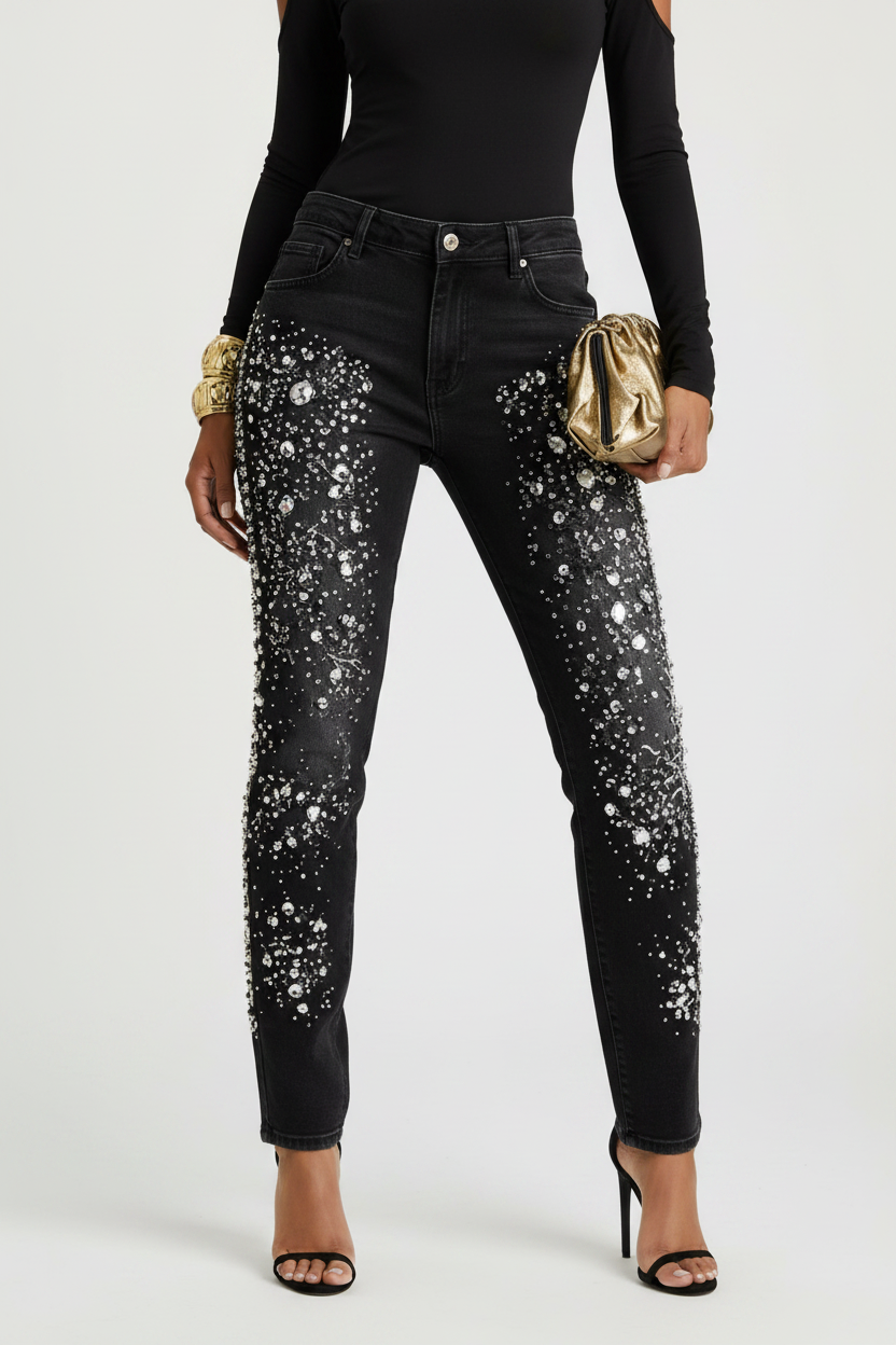 Jeans negros rhinestones cuerpo entero fondo grisáceo