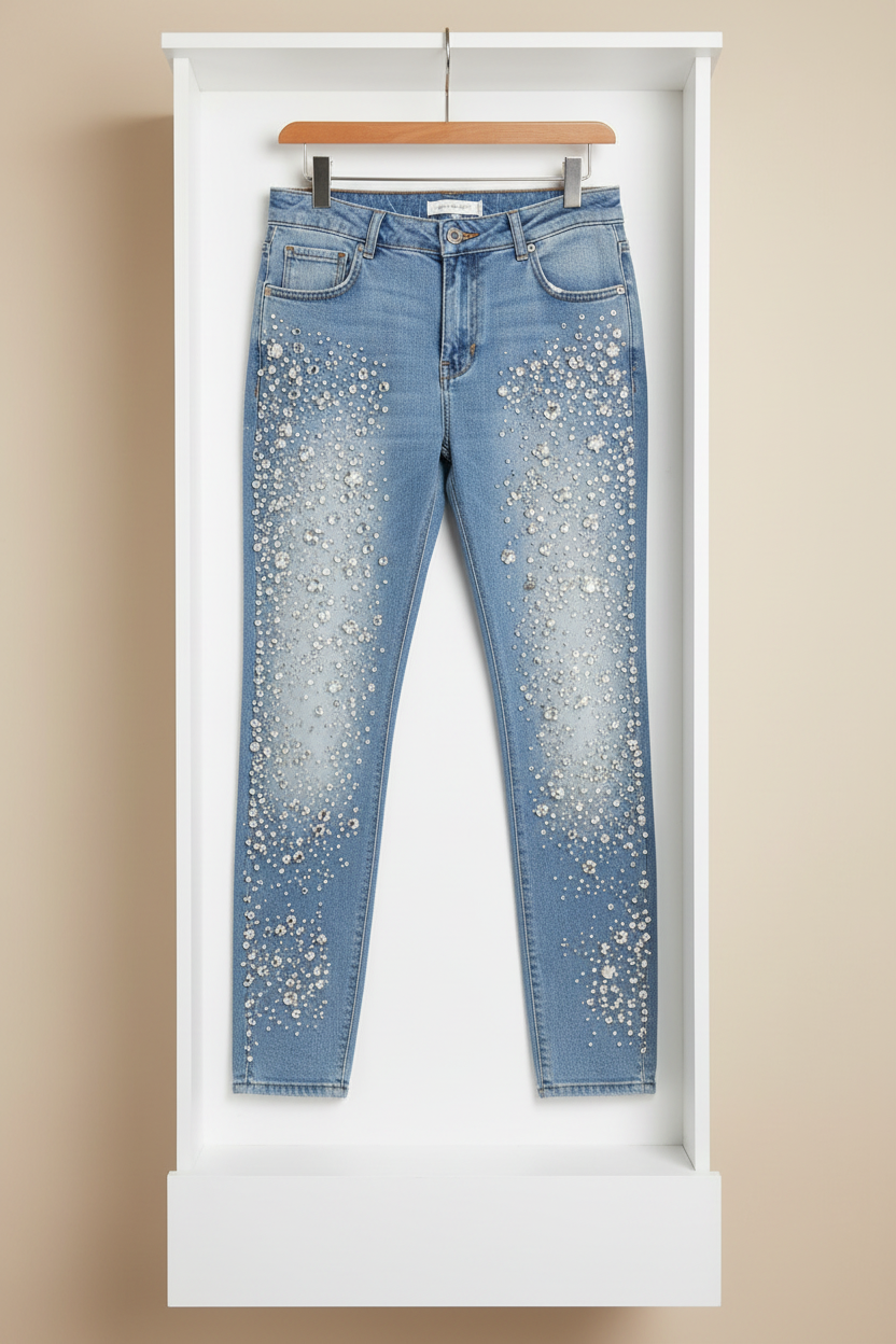 Jeans rhinestones colgados en armario